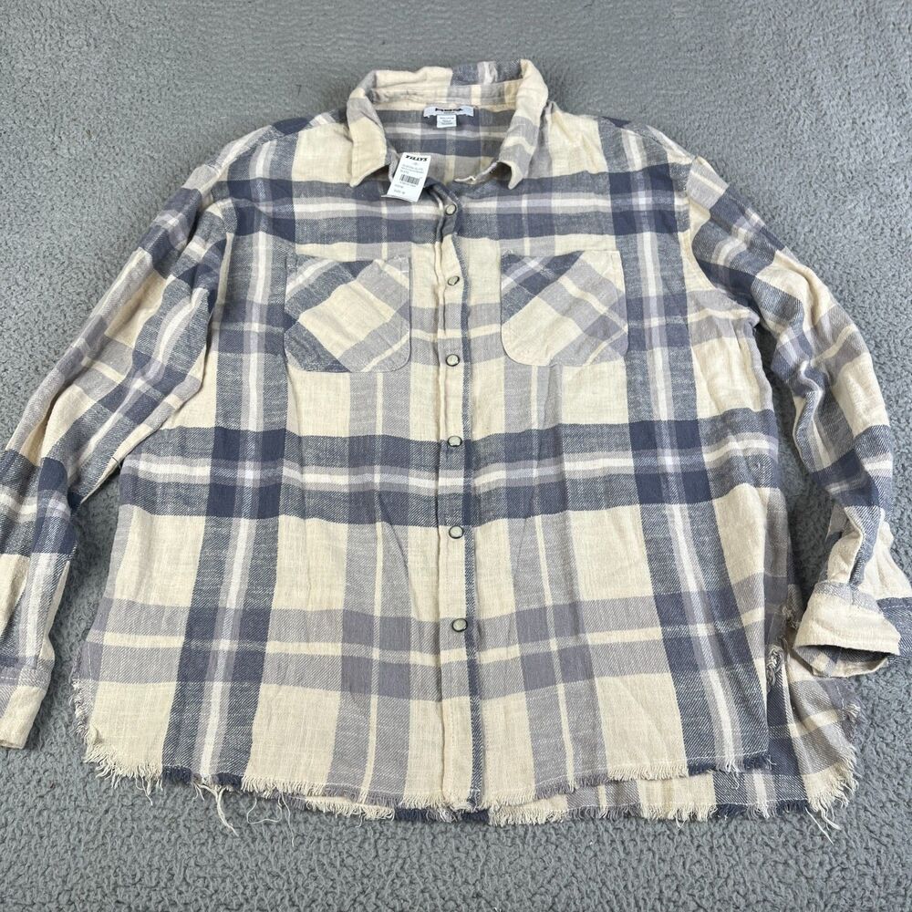 RSQ TILLY'S  Flannel Shirt Women M Gray Plaid Flannel 100% Cotton Pocket Raw Hem
